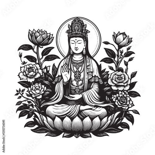 Elegant Guan Yin illustration with lotus flowers in traditional