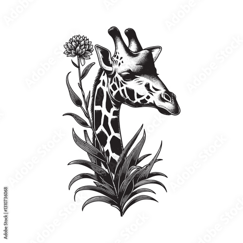 Elegant Giraffe Portrait in Engraved Style with Botanical Accent