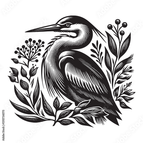 Elegant heron illustration rendered in a traditional woodcut sty