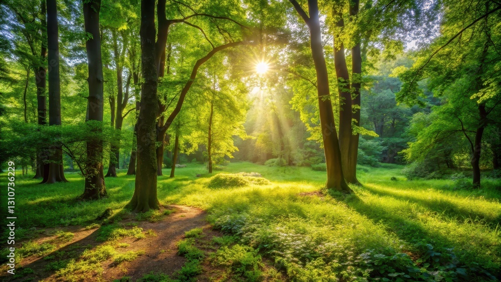 Obraz premium Lush greenery in a serene outdoor setting with sunlight filtering through leafy branches and casting dappled shadows on the forest floor , atmosphere, scenery