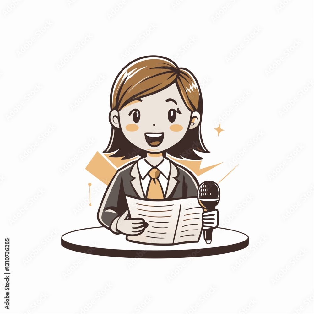 Smiling news anchor reading from script with microphone at desk Smiling news anchor reading from script with microphone at desk