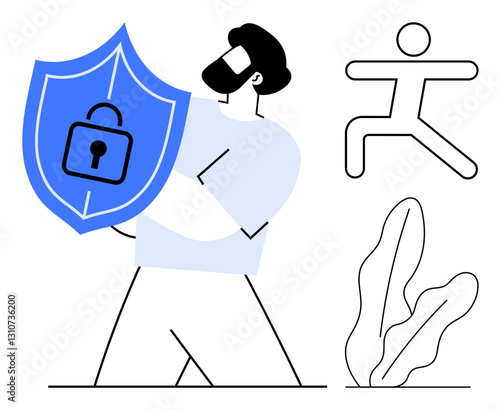 Man carrying a blue shield with a lock, symbolizing privacy protection. Stylized human figure and plant details. Ideal for cybersecurity, protection, trust, safety, data, technology flat simple