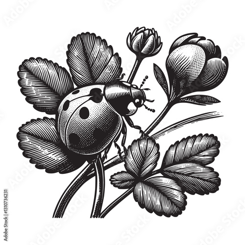 Elegant ladybug illustration, rendered in a detailed woodcut sty