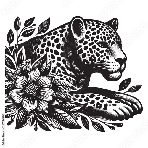 Elegant jaguar portrait featuring intricate floral elements in a