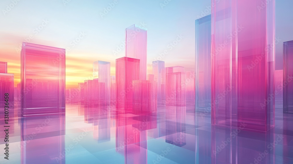 Abstract cityscape featuring translucent glass buildings with colorful gradients Abstract cityscape featuring translucent glass buildings with colorful gradients