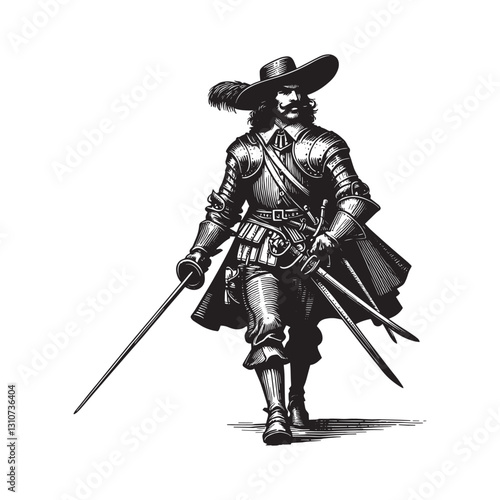 Elegant musketeer illustration in woodcut style, full body view
