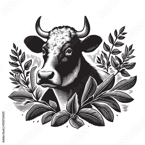 Elegant monochrome illustration of a cow framed by stylized bota