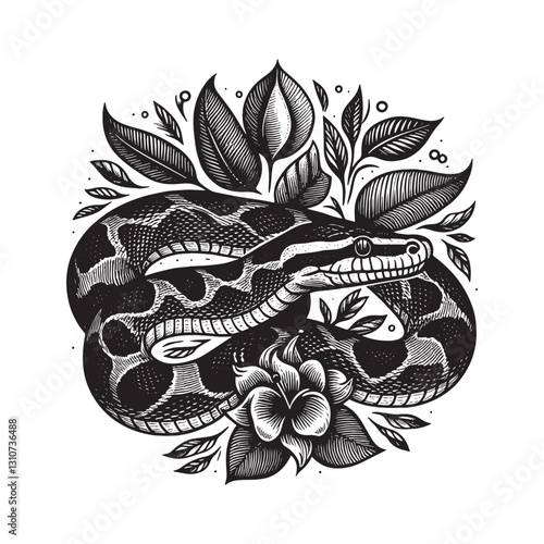 Elegant python illustration entwined with foliage in woodcut sty