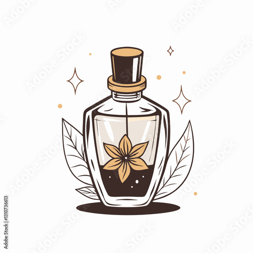 Glass bottle with flower design and leaves, perfume concept, sale of perfumes, eau de toilette