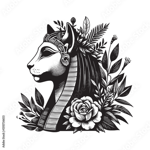 Elegant Sphinx Goddess Engraving with Floral Adornments in Monoc