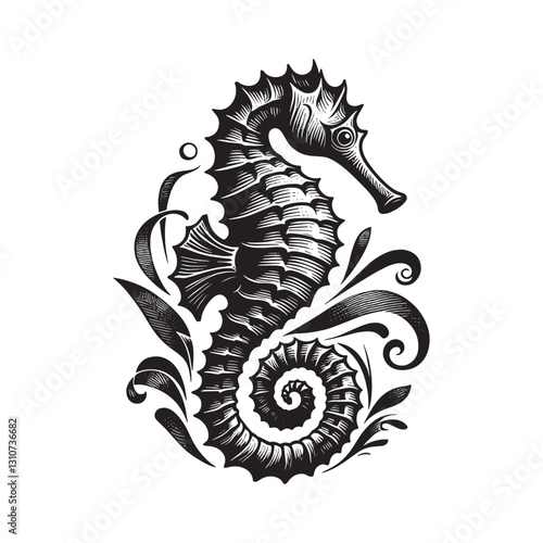 Elegant seahorse illustration in a classic woodcut style with de