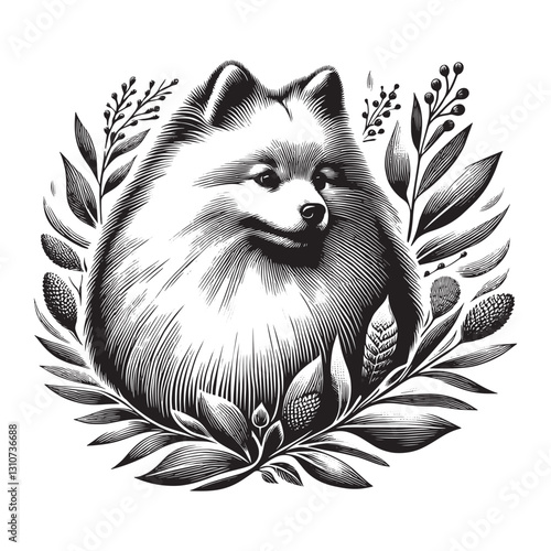 Elegant Spitz Dog Portrait with Botanical Accents in Detailed Li