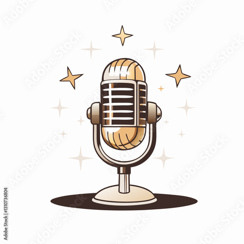 Vintage microphone with stars and shine, podcast concept,