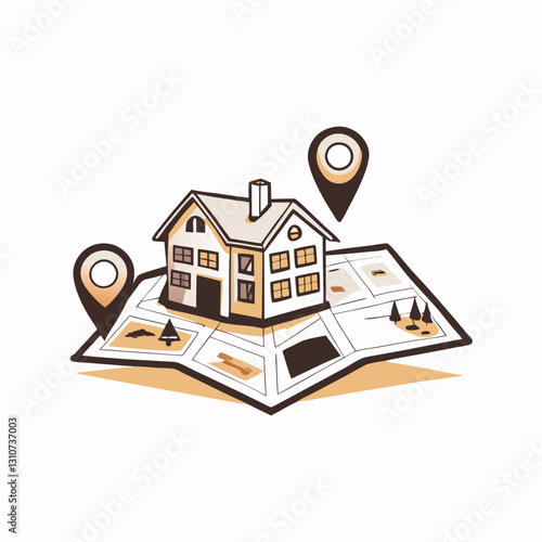 Illustration of house on map with location pins, geolocation of the house