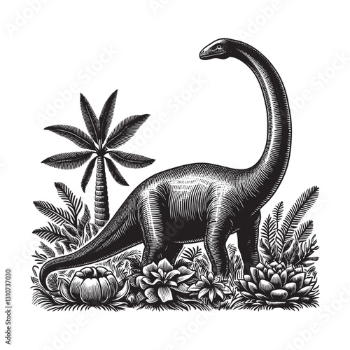 Engraved Brachiosaurus Illustration Amidst Tropical Flora in Bla
