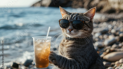 Coastal Cat's Cool Retreat: A relaxed cat wearing sunglasses, holding a refreshing iced drink, sits on a sunny beach. The background features the tranquil ocean, evoking the serene mood of a vacation. photo