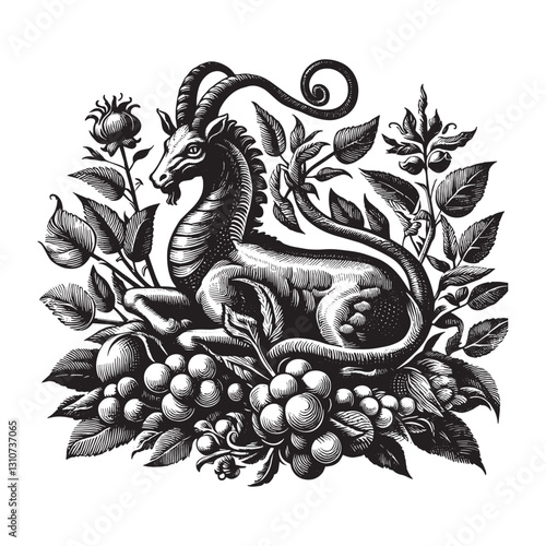 Engraved Capricorn Among Botanical Elements in Black and White S