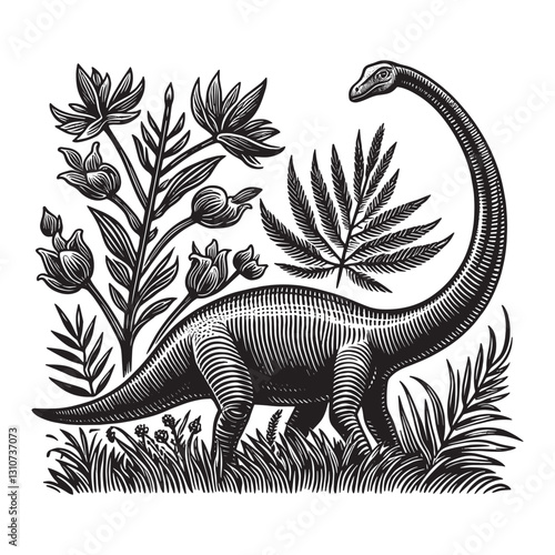 Engraved Diplodocus Illustration Amidst Stylized Foliage, Vintag