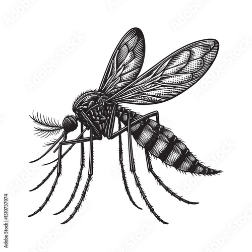 Engraved depiction of a mosquito in intricate woodcut style illu