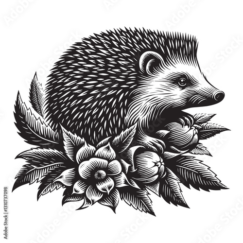 Engraved hedgehog illustration with botanical elements in a clas