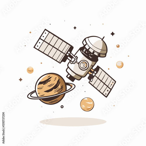 Space satellite orbiting planets in a whimsical style