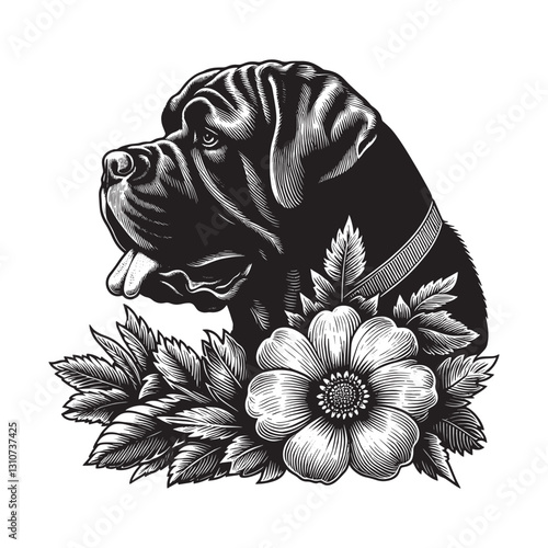 Engraved Portrait of a Regal Mastiff Dog with Floral Flourishes
