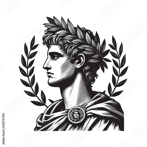 Engraved portrait of a roman emperor crowned with laurel wreath