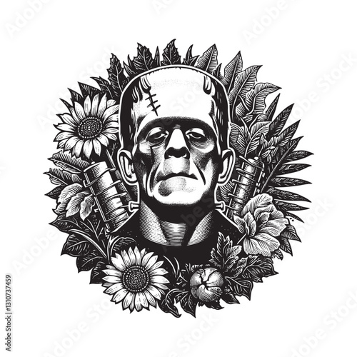 Engraving of a reanimated man surrounded by flora