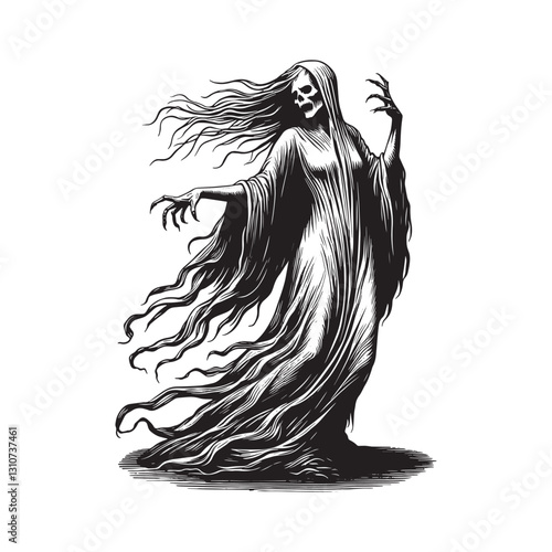 Ethereal Banshee Illustration with Woodcut Style and Isolated De