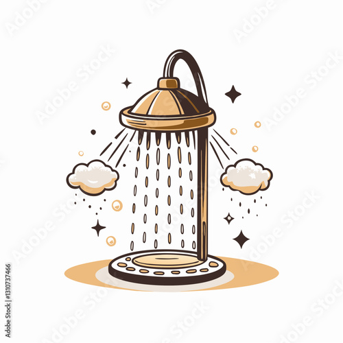 Showerhead with water droplets and clouds in a minimalist style