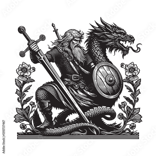 Epic warrior standing with sword and shield alongside a formidab