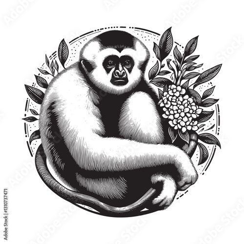 Expressive Gibbon Monkey Portrait with Floral Adornment in Class