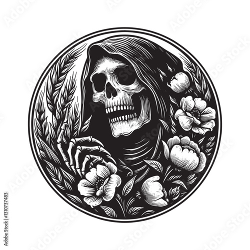 Floral grim reaper illustration in woodcut style with intricate