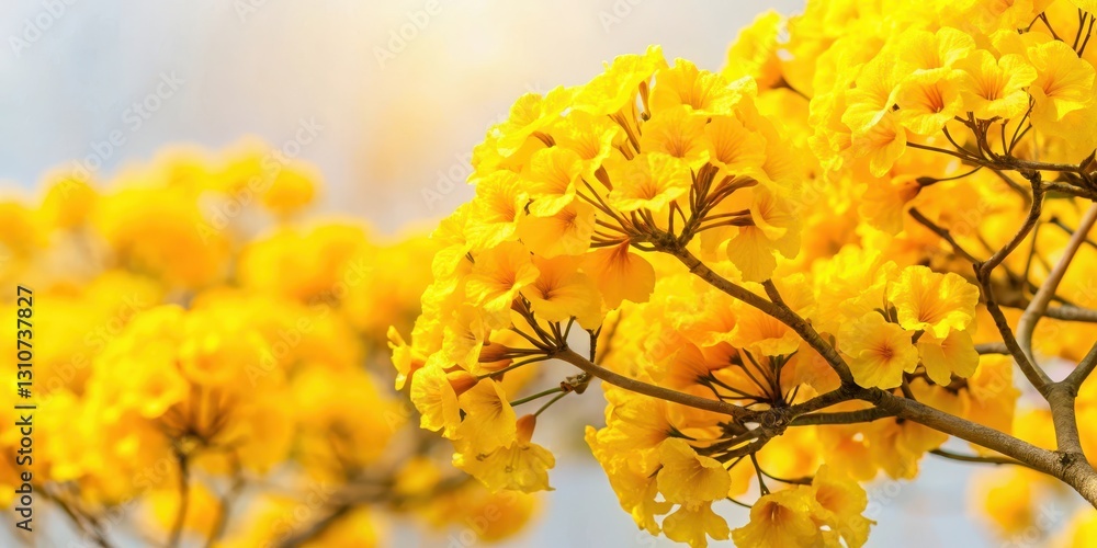 Vibrant yellow tabebuia flower in full blossom against a soft white background Vibrant yellow tabebuia flower in full blossom against a soft white background