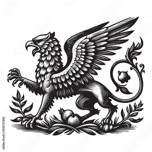 Gryphon heraldic illustration in vintage woodcut technique, maje