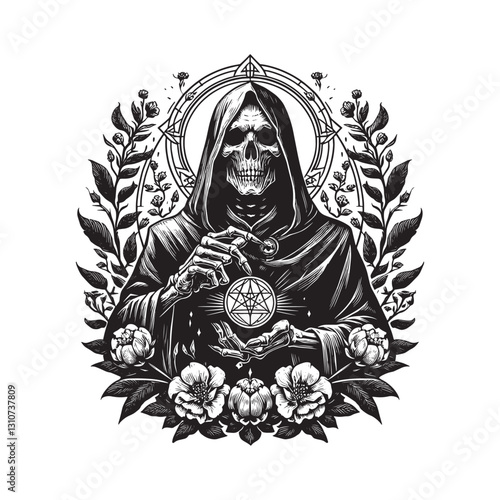 Grim Necromancer Conjuring Ancient Forces in Monochrome Woodcut
