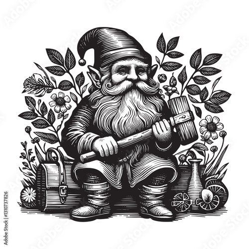 Hand-carved gnome craftsman with mallet in a detailed botanical