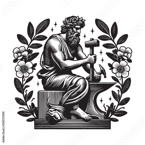 Hephaestus the celestial artisan graphic woodcut with hammer and