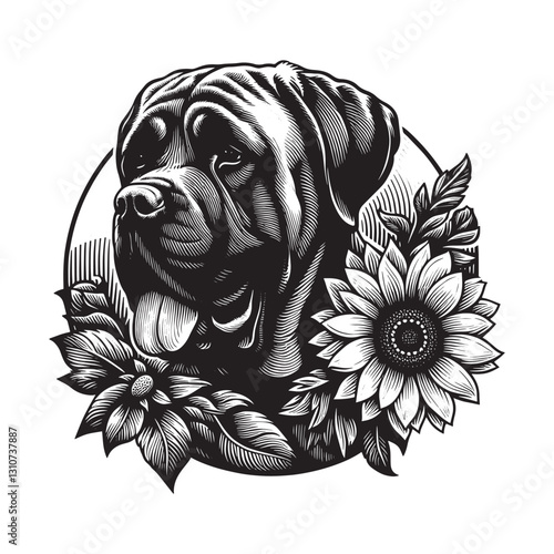 Illustrative depiction of a mastiff dog adorned with sunflower w