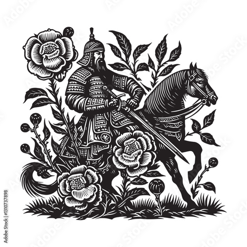 Illustrative Depiction of Armored Equestrian Warrior Amidst Flor
