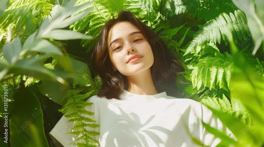 Woman in white oversized t-shirt surrounded by lush botanicals botanical garden portrait photography green environment upward view nature and fashion fusion Woman in white oversized t-shirt surrounded by lush botanicals botanical garden portrait photography green environment upward view nature and fashion fusion