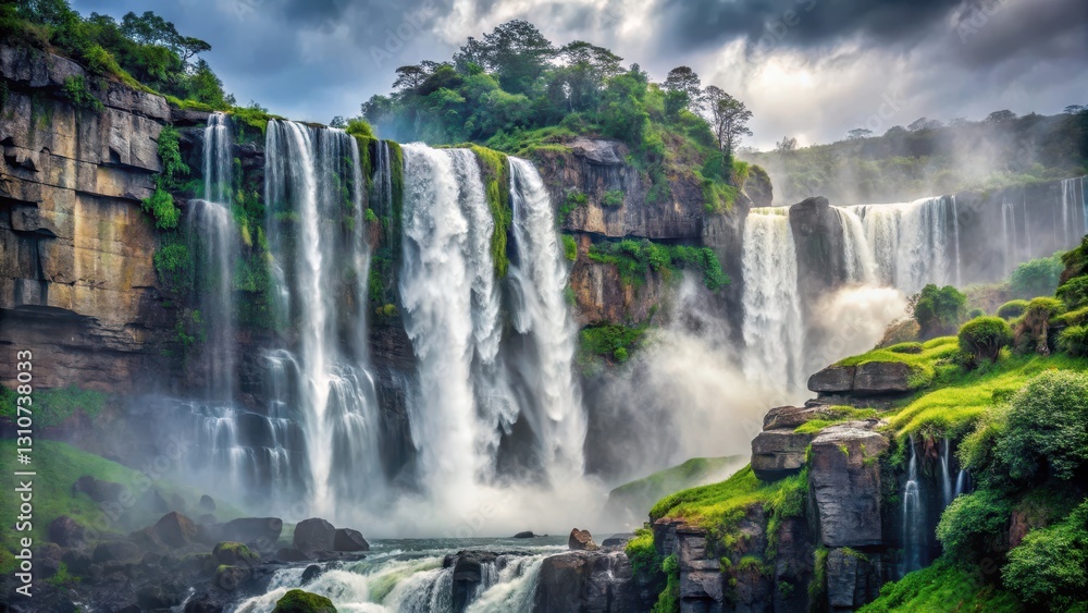 Waterfall cascade over rugged rocky cliffs, misty veils dance in air, landscape, greenery, landscape, greenery, droplets, cascading Waterfall cascade over rugged rocky cliffs, misty veils dance in air, landscape, greenery, landscape, greenery, droplets, cascading