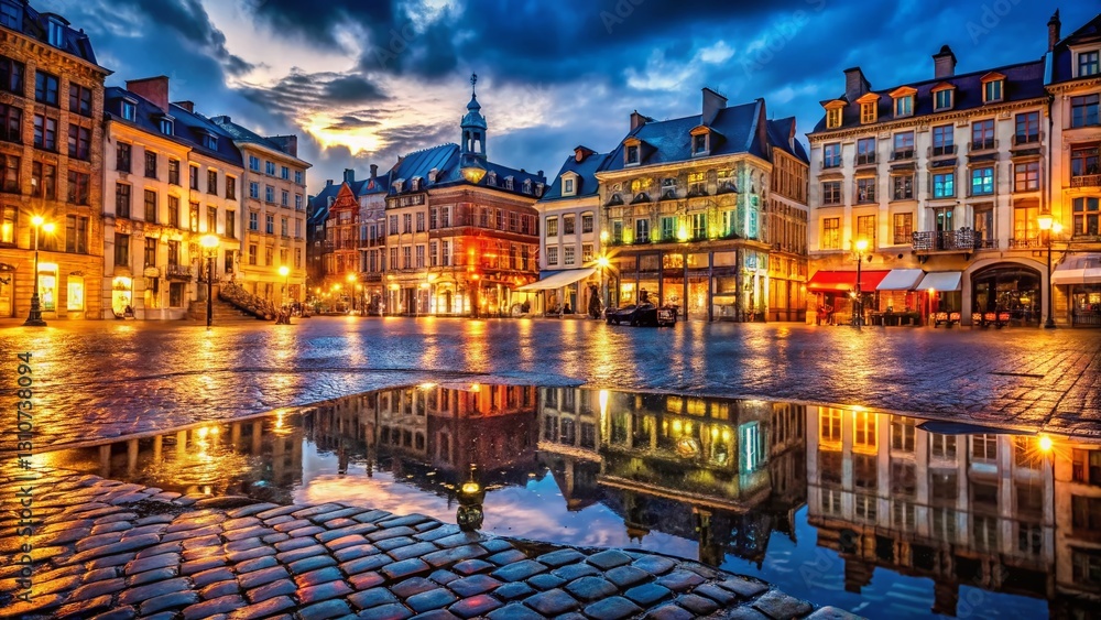Naklejka premium Night Lights Illuminate Lille Cityscape, France - Stunning Urban Panorama