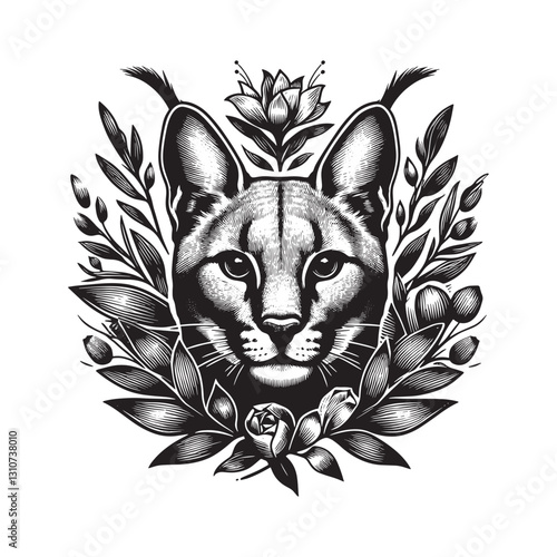 Intricate Caracal Portrait with Botanical Accents in Woodcut Sty