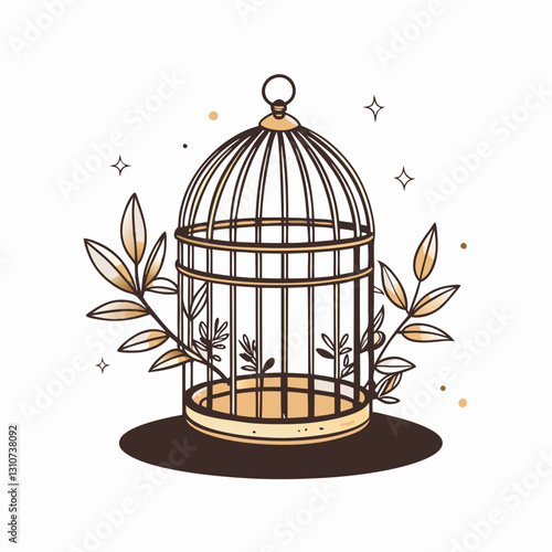 Decorative birdcage with leaves on a minimalist background
