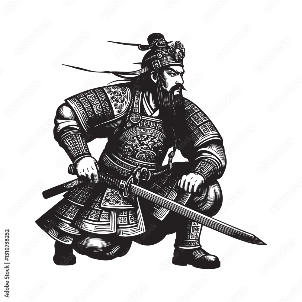 Intricate woodcut depiction of a crouching asian warrior with sw Intricate woodcut depiction of a crouching asian warrior with sw