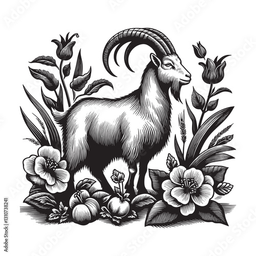 Intricate woodcut artwork showcasing a goat surrounded by floral