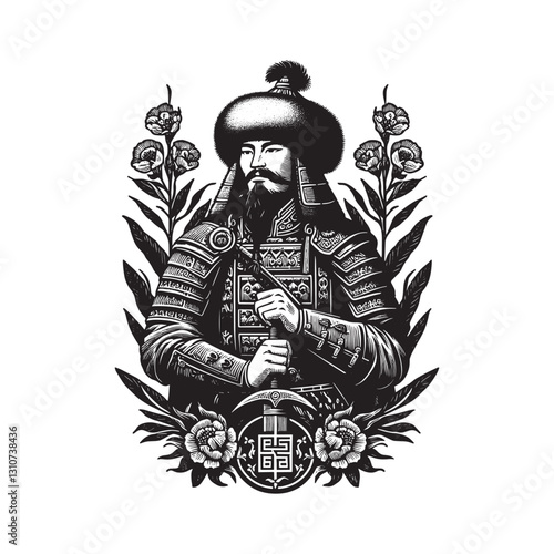 Intricate woodcut illustration of a Mongolian ruler in ceremonia