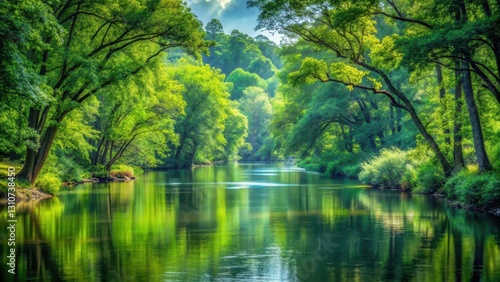 Dense foliage and towering trees surround a serene river, creating a sense of tranquility and connection with nature , peaceful atmosphere, riverside scenery