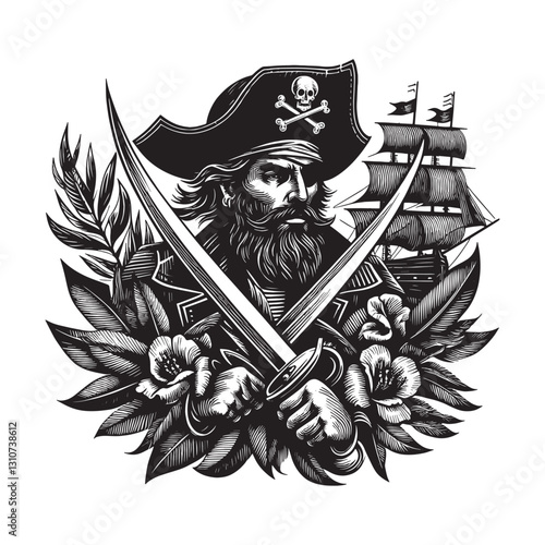 Intricate woodcut style illustration of a pirate warrior with sh